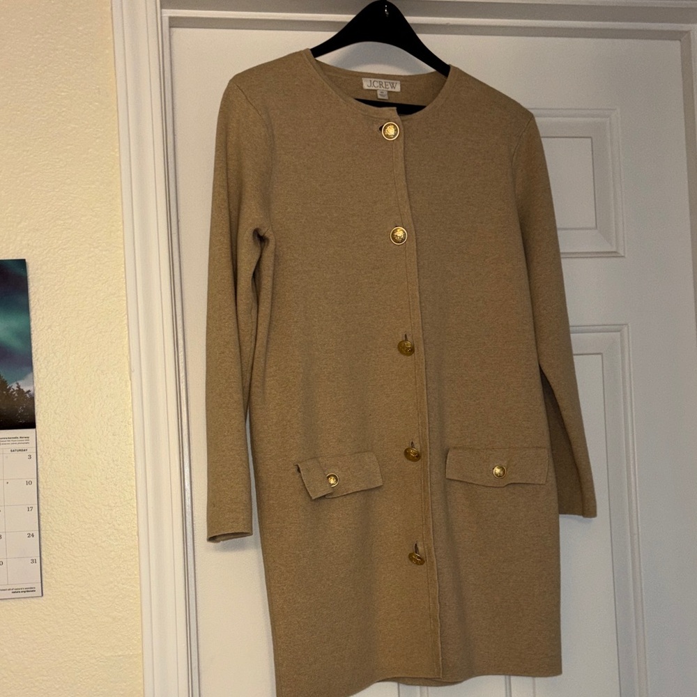 J. Crew long Tan coat with Gold Accents